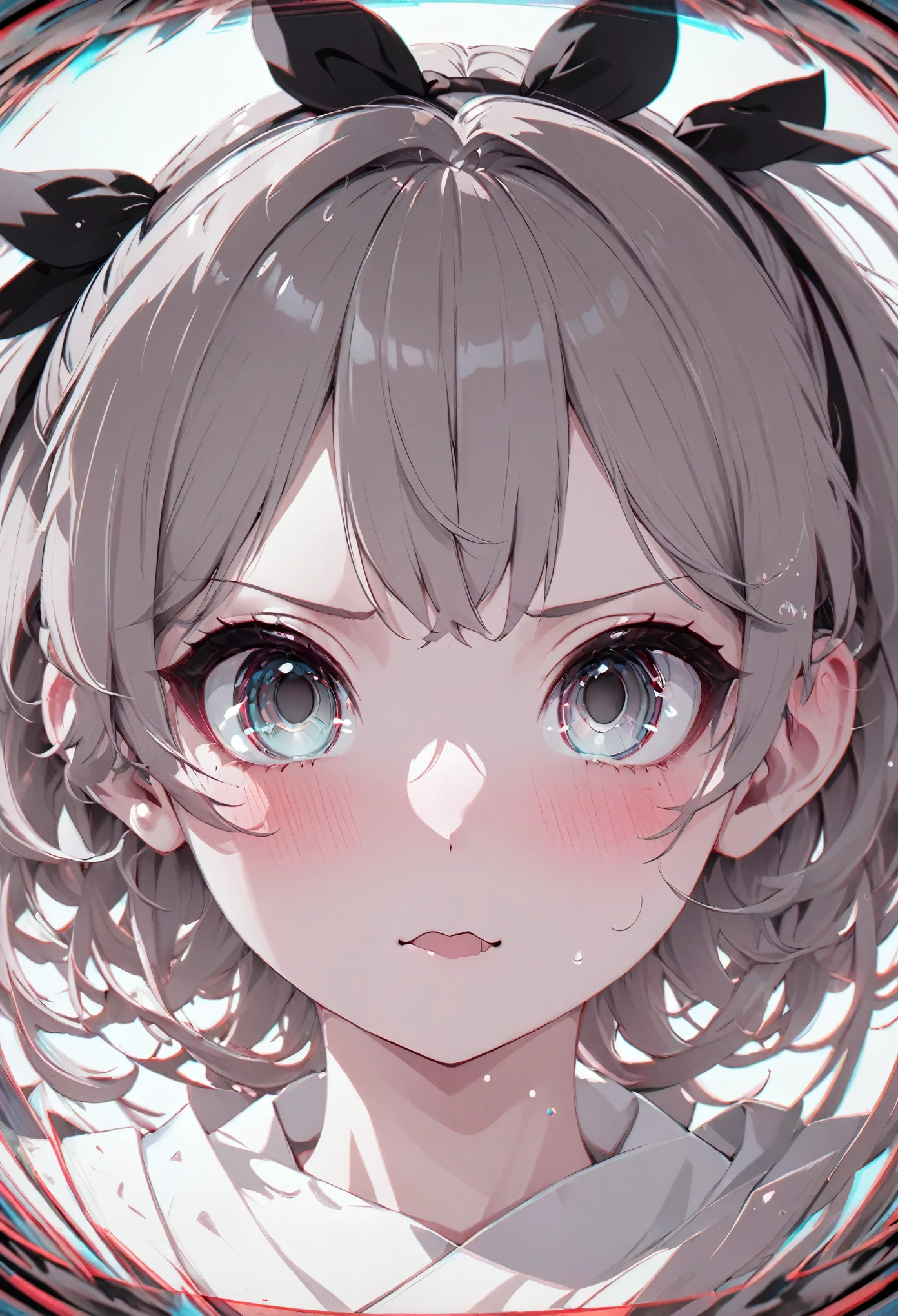 hair bobbles, wince, longeyelashes, solid circle eyes, light smile, ear blush, fang, ccurate, hair ribbon, blindfold, pout, empty eyes, Surrealism, anaglyph, stereogram, tachi-e, pov, atmospheric perspective, multiple monochrome, optical illusion, anime, anime style, 8k, super detail, best quality, highres, HD, masterpiece, anatomically correct, textured skin, super detail, high details, award winning, best quality