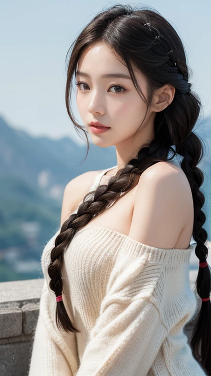 Photo shoot by a professional photographer、Half-body portrait of a Korean woman with braided hair, Beautiful and captivating to everyone's eyes, Under the eyes, Night Photo, Wear a tank top, Decorate your hair with flowers, UHD, masterpiece, anatomically correct, textured skin, high details, best quality, 8k