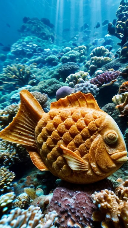 photo_unp, realistic photo of an Underwater world, taiyaki (waffle:0.4) under the sea, no humans, (masterpiece:1.0), (best quality:1.0), beautiful, (intricate details), unity 8k wallpaper, ultra detailed, sunlight