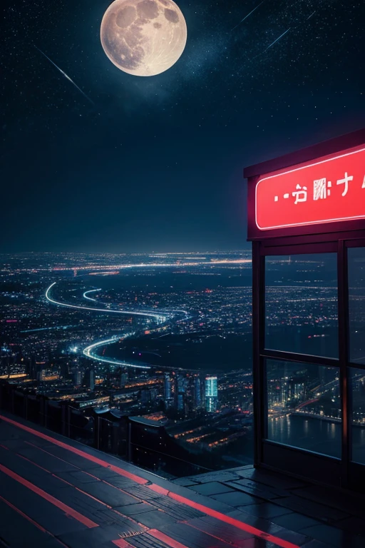 highest quality、Landscape painting、Neon lights in the city、Starry Sky、moon