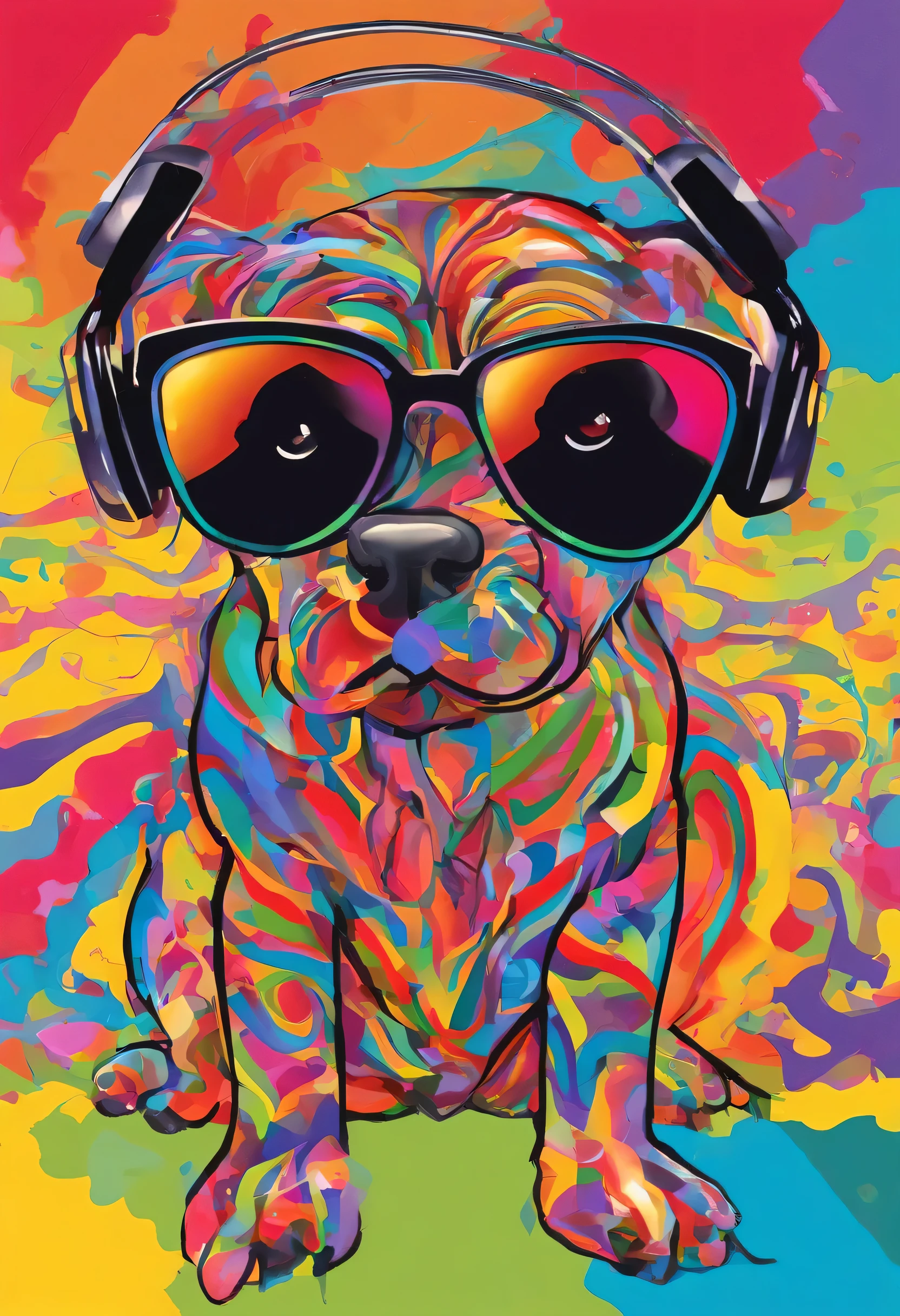 grafismo, diverse and playful geometric figures, Rainbow, romero britto, salvador dali, one dog, A domestic chicken animal in sunglasses and DJ headphones and with thought running through his fingers and the confusion of memory ((fundo branco e preto)), face da galinha de angola, as asas enormes da galinha, o bico, o microfone, o fone de ouvido, The sunglasses, contrastes exacerbados, olhos penetrantes, colorida e alegre, Dull and sad, Art Watercolor Painting Oil Paint, abstrato, epic instagram, art-station, toque de estilo splash de tinta colorida+, contorno, hiperdetalhado intricadamente detalhado, genial, detalhes intrincados, tela inicial, cores complementares, conceito realista abstrato romero britto de arte, 8K, obra-prima do deviantart, oil-painting, pinceladas pesadas, pingos de tinta, artes de salpicos.