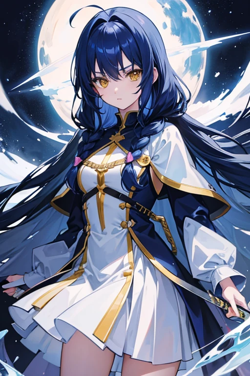 anime, One girl, alone, Girl with ice sword, Long Hair, Unusual hairstyles, Dark blue hair, Yellow Eyes. Knight's Uniform. Holding a sword.