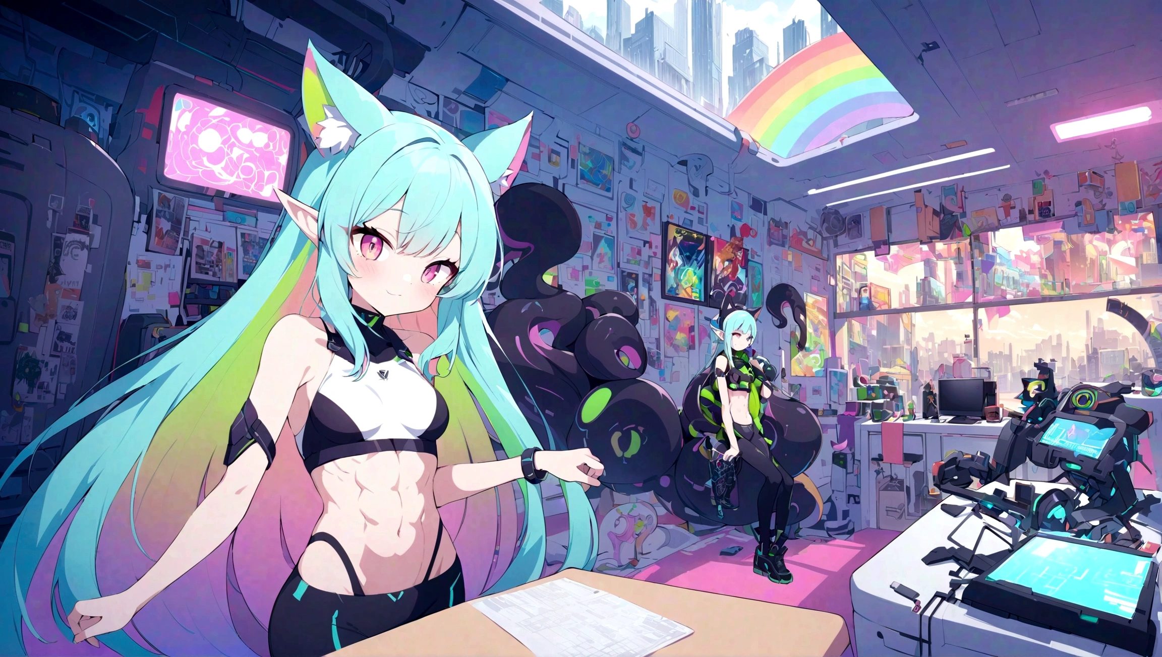 a beautiful girl, rainbow color, , with cute face and long hair, cyberpunk city, city, very detailed, Ethereal Cyberverse, Extreme abs a beautiful girl, rainbow color, cat ears, planets, , with cute face and long hair, cyberpunk city, mega robots, high technology, city, very detailed, Ethereal Cyberverse, Extreme abs, Cybernetic Frequential Fusion, two beautiful skinny elf girls, rainbow color, neon grean and teal haircolor, space buns, cute face, giant green and black octopus tentacles touching the girls, extreme abs, cute face, rainbow colors, city, cityscape, ancient ruins, beautiful girls, cute face, desert, cute face, long neon colored hair, cat ears, extreme abs, rainbow colors, laboratory, desert oasis, cute face, water, detailed scene, futuristic style, rainbow colors, neon green detailes, in a e-girl room with a lot of stuff on the walls, neon blue extremely long hair, cute face, extreme abs, very skinny, futuristic style, computer, cute face, cluttered room, art paintings, neon signs, window, drow elf, extreme abs,