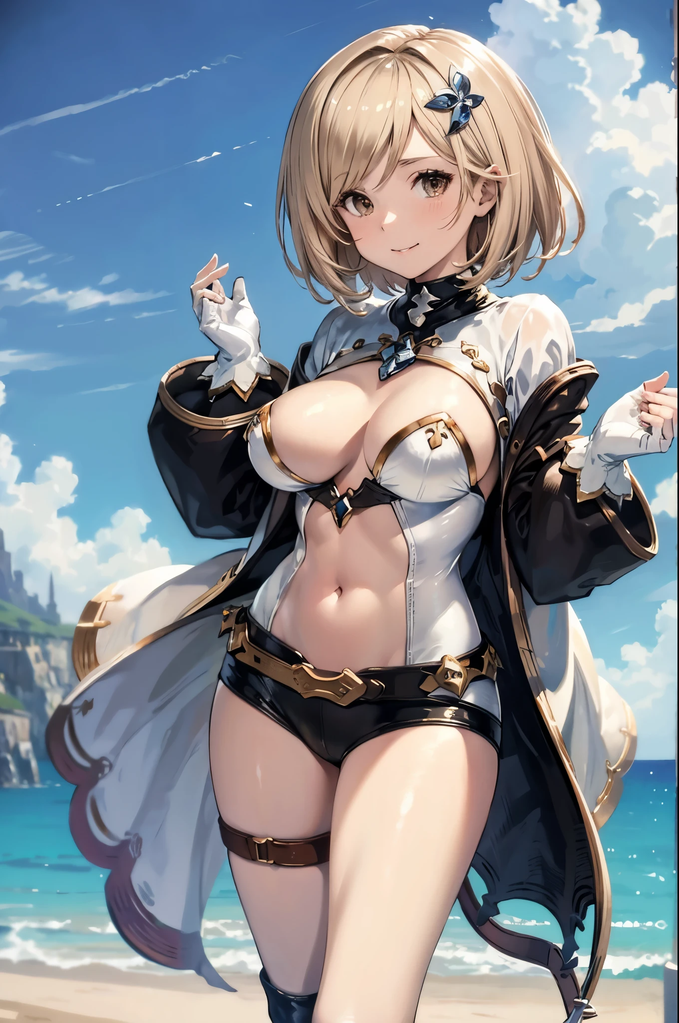 GRANBLUEfantasy,ung_teeirl,brown_hair,medium_bob_hair,platina_blond_hair,white_leotard,covered_nipples,thigh,huge_smile,standing,bluesky_background,slightly_spread_legs,happiness, short_gloves ,solo, navel,relicbuster,shorts,boots,