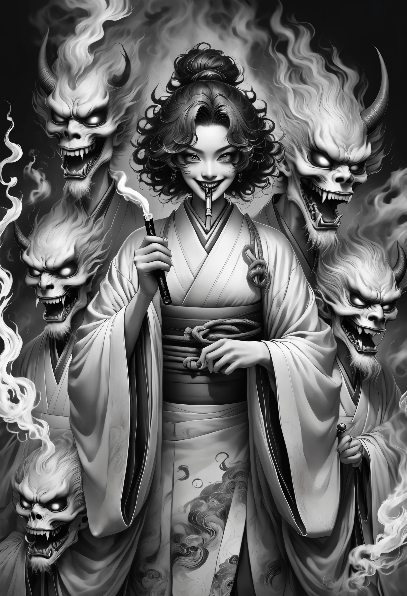 1boy, 1girl, 2boys, beard, curly hair, demon, eldritch abomination, facial hair, fire, ghost, greyscale, holding, holding pipe, horns, japanese clothes, kimono, kiseru, long sleeves, looking at viewer, magic, monochrome, multiple boys, open mouth, pipe, skull, smile, smoke, smoking, teeth, unzan, wavy hair, youkai