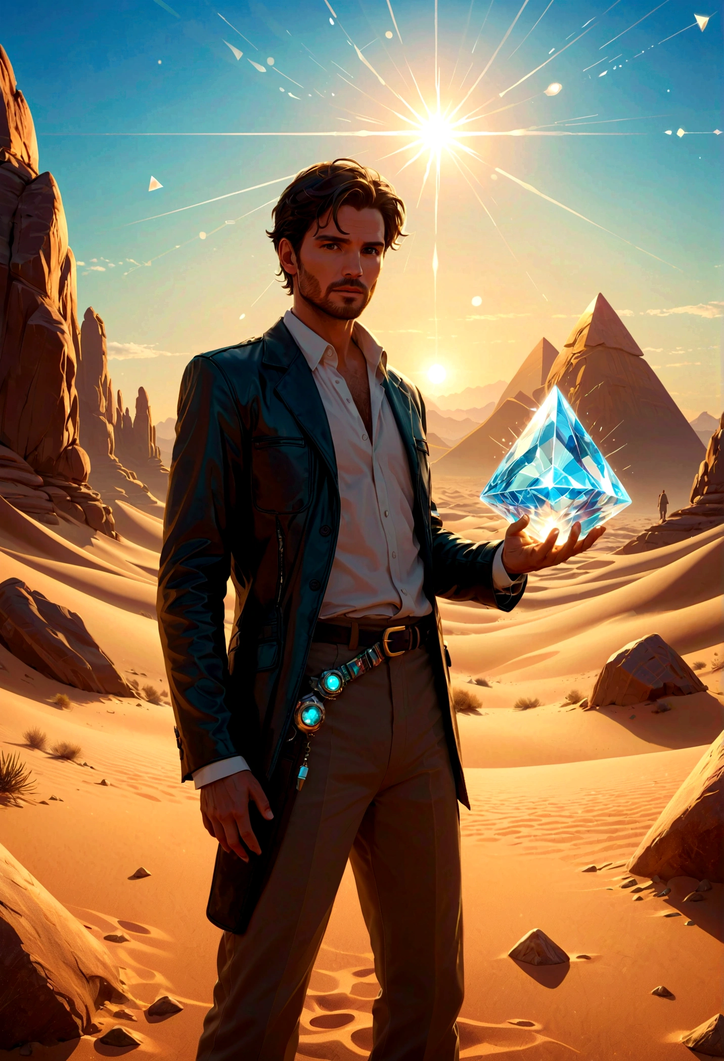 A man standing in the desert，Holding a large object in his hand, Full of glass. CG Society, Magic Crystal, Still frame from a movie, Inspired by Louis Mathieu Verdilhan, trance dj album cover, crack, triangle Fragments, lens flare, Connectivity, [ Fragments, 4 dimensions