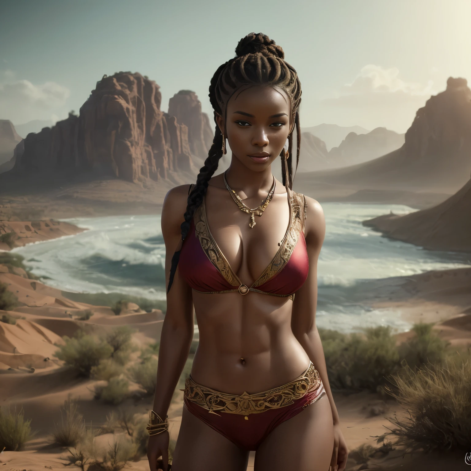 A very beautiful young African woman, desert goddess, incredibly gorgeous, stately and stately, generous, muscular, six pack abs, hair braided in a flowing ponytail, revealing outfit, loose stole, ornate jewelry, looking at camera, sandy landscape, fantasy, ethereal, dreamy, dramatic lighting, vibrant colors, exquisite details, (highest quality, 4k, 8k, high resolution, masterpiece:1.2), ultra detailed, (realistic, photorealistic, photorealistic:1.37), vibrant colors, HDR, studio lighting, physically based rendering, concept art
