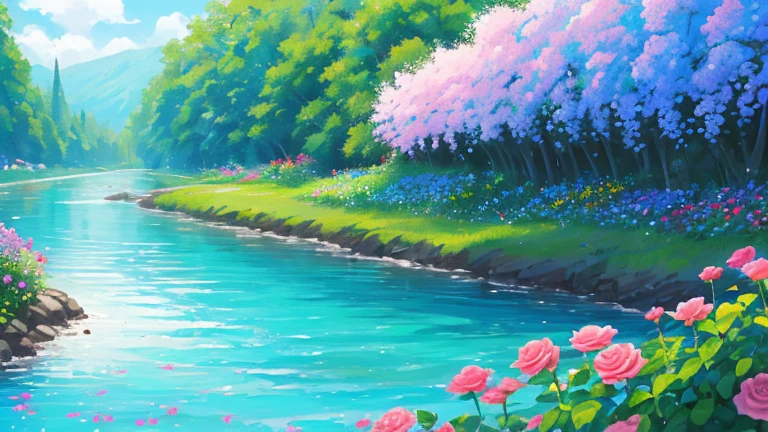 summer (season), background, high quality, Very detailed, noon,background, river, Flowers roses and blue, butterfly, Colored,Refreshing