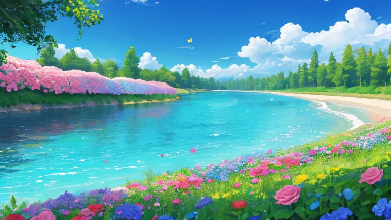 summer (season), background, high quality, Very detailed, noon,background, river, Flowers roses and blue, butterfly, Colored,Refreshing