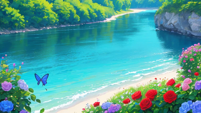 summer (season), background, high quality, Very detailed, noon,background, river, Flowers roses and blue, butterfly, Colored,Refreshing