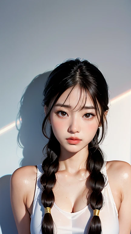 Photo shoot by a professional photographer、Half-body portrait of a Korean woman with braided hair, Beautiful and captivating to everyone's eyes, Under the eyes, Night Photo, Wear a tank top, Decorate your hair with flowers, UHD, masterpiece, anatomically correct, textured skin, high details, best quality, 8k