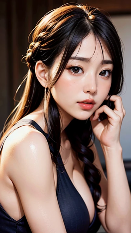Photo shoot by a professional photographer、Half-body portrait of a Korean woman with braided hair, Beautiful and captivating to everyone&#39;s eyes, Under the eyes, Night Photo, Wear a tank top, Decorate your hair with flowers, UHD, masterpiece, anatomically correct, textured skin, high details, best quality, 8k