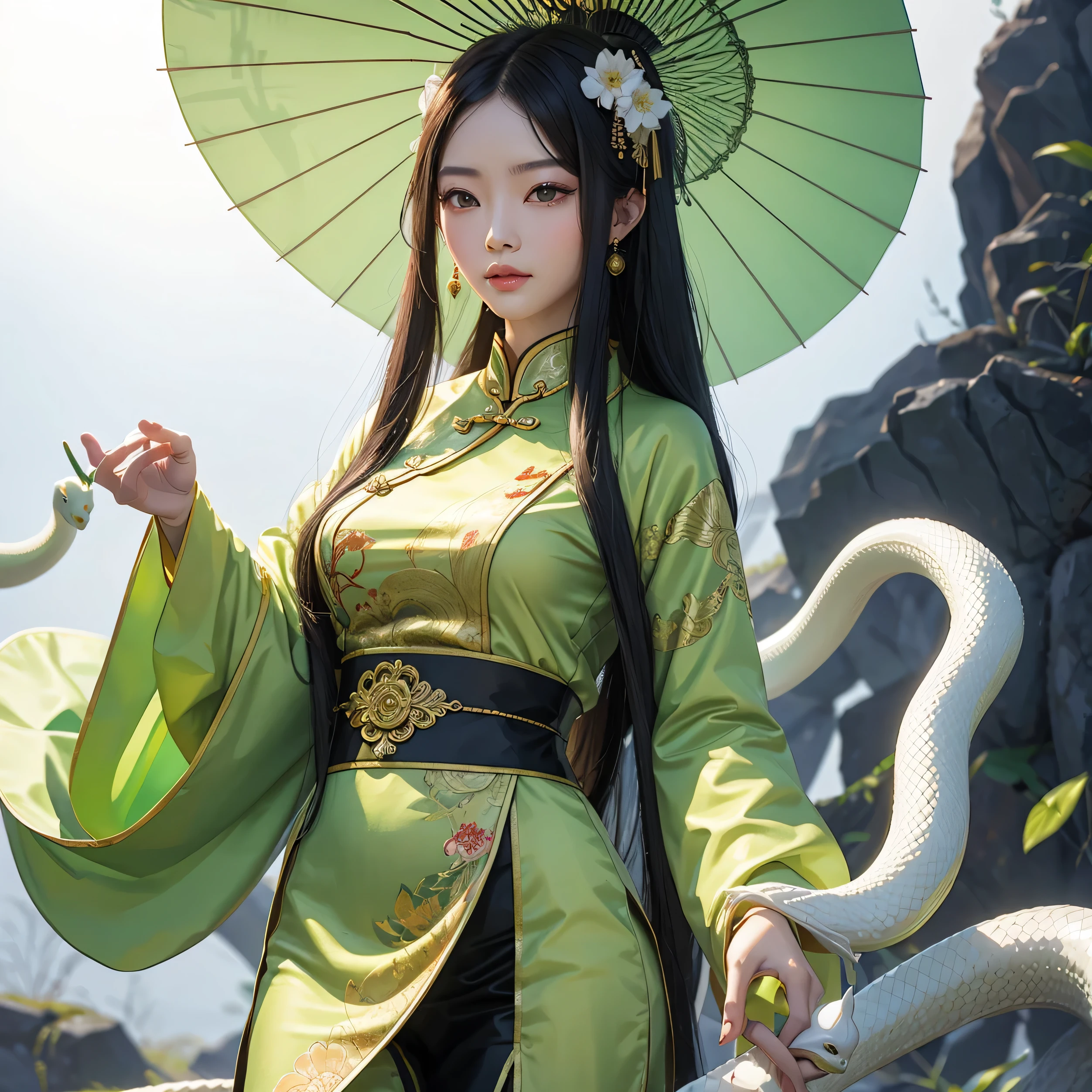 Chinese classical style,A Chinese beauty holds two umbrellas,long hair,There is a white snake in the background,a green snake