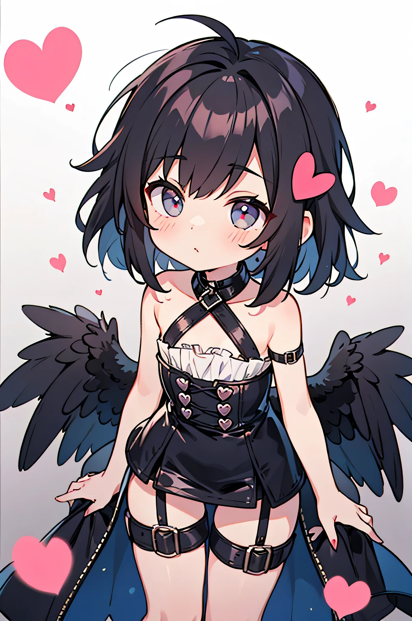 A slutty little kid wearing black leather straps, surrounded by hearts!