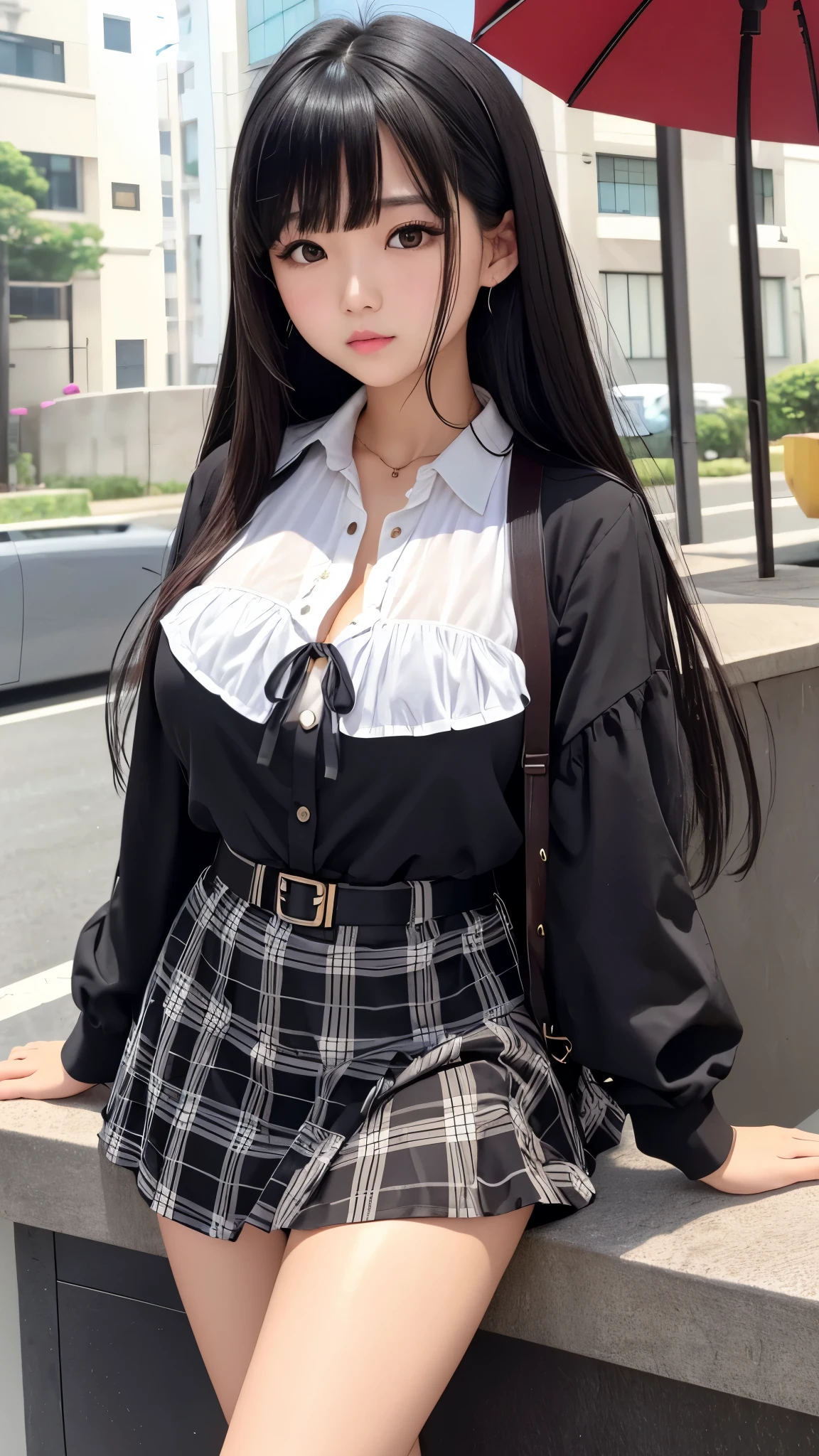 Detailed face、highlight、Asian Girl、thigh、breast enhancement、Black Hair、Heavy bangs、Checkered Skirt、White blouse、