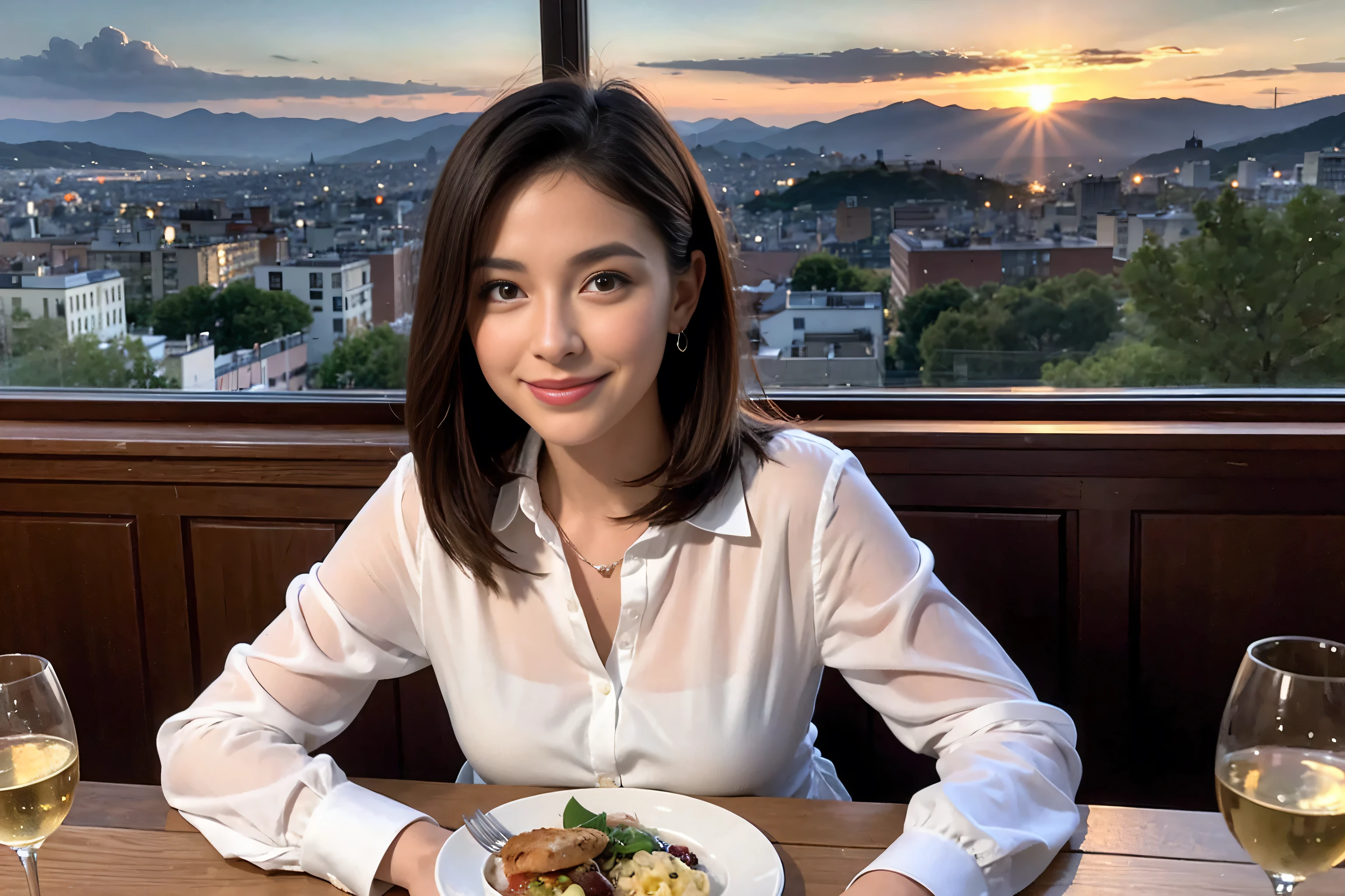 ((highest quality、8k、masterpiece:1.3))、1 male、1 female、Spouse、Beautiful couple、smile、 (Slim face), (the body is スリム), (Brown Hair), (Shortcuts), ((Bob Hale、Straight hair:1.2)), Wine glass on the table、Please shine a light on my face、 Amazing view of the sunset sky and clouds、Amazing mountain views、The beauty of a smile、Bright image、Blushing, Shortcuts,Bright Face、 (Age 35), 39 years old, red wine 、Appetizers、Italian food、Wine bottle、Champagne、sparkling wine、Long sleeve shirt、dress、Attractive beauty、restaurant, Nova Frog Style, actress, model, Upper Body, White wine, red wine, wine glass,