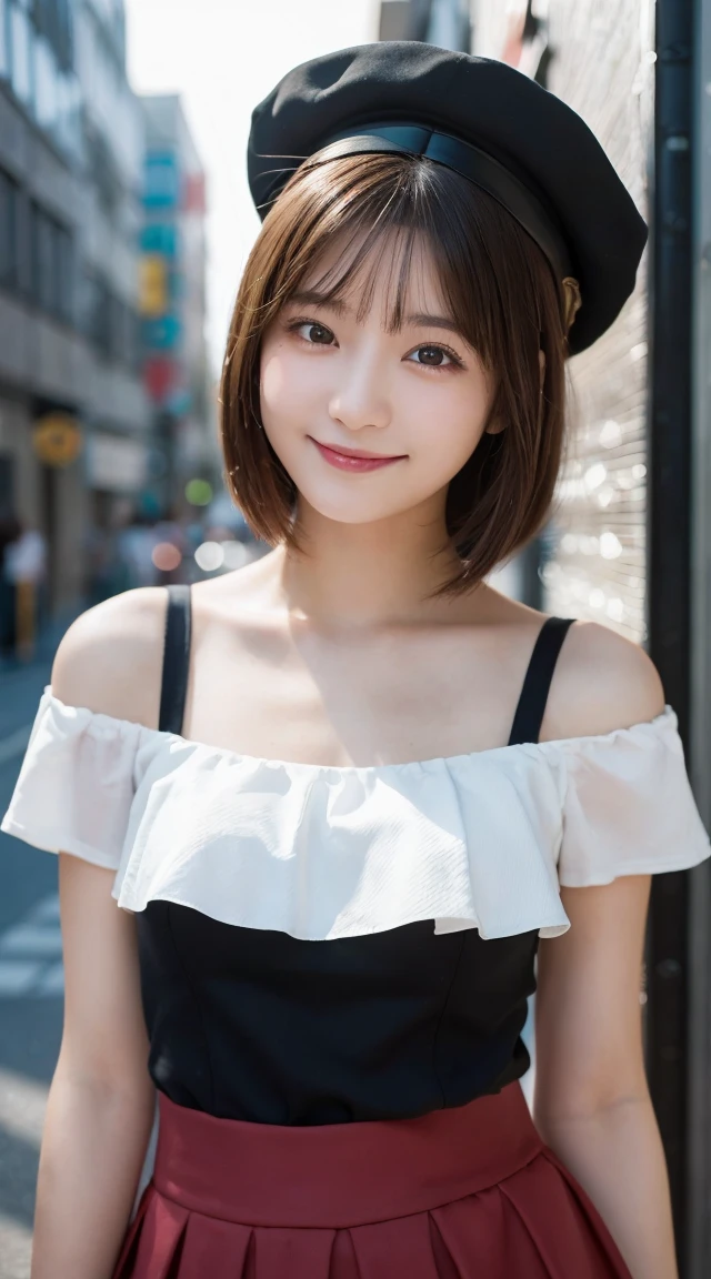 (highest quality,masterpiece:1.3,ultra high resolution),(Super detailed,caustics,8k),(photorealistic:1.4,RAW shooting),1 girl,(look at the camera with a smile),20-year-old,cute,Japanese,black hair long bronde, white top and yellow skirt with black red hat, big ,bust up shot,street,face focus,Natural light,Backlight,(A bright light shines from above),(Lens flare),professional writing,(low position),(Low - Angle)