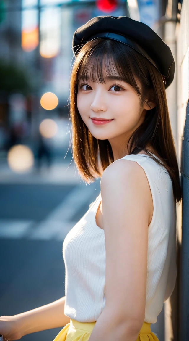 (highest quality,masterpiece:1.3,ultra high resolution),(Super detailed,caustics,8k),(photorealistic:1.4,RAW shooting),1 girl,(look at the camera with a smile),20-year-old,cute,Japanese,black hair long bronde, white top and yellow skirt with black red hat, big ,bust up shot,street,face focus,Natural light,Backlight,(A bright light shines from above),(Lens flare),professional writing,(low position),(Low - Angle)