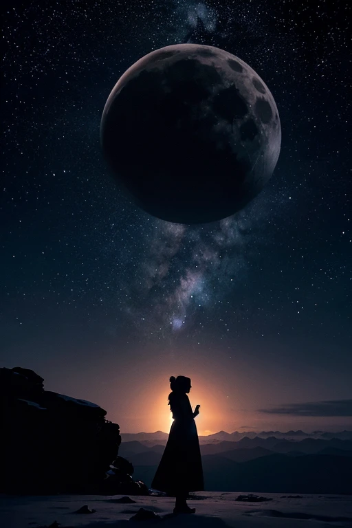 highest quality,Big moon and shadow,A silhouette of a person can be seen against the backdrop of a large moon.,There is one full moon,There is a mood,Beautiful scenery,Starry Sky