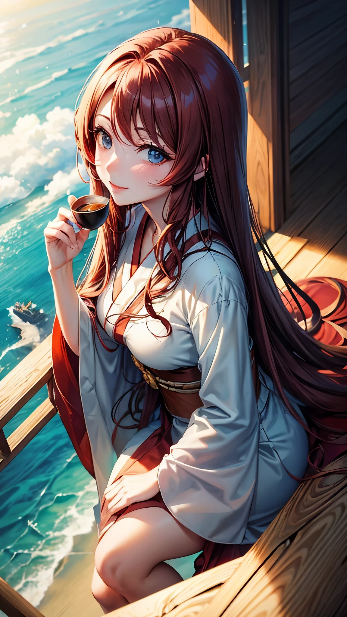 From above,masterpiece,Japanese anime style，Beauty with long reddish brown hair and blue eyes,gentle smile,Drinking delicious Assam black tea at the seaside observation deck, Wearing a cocktail dress，Blue sky and white clouds，The picture presents a gorgeous feeling