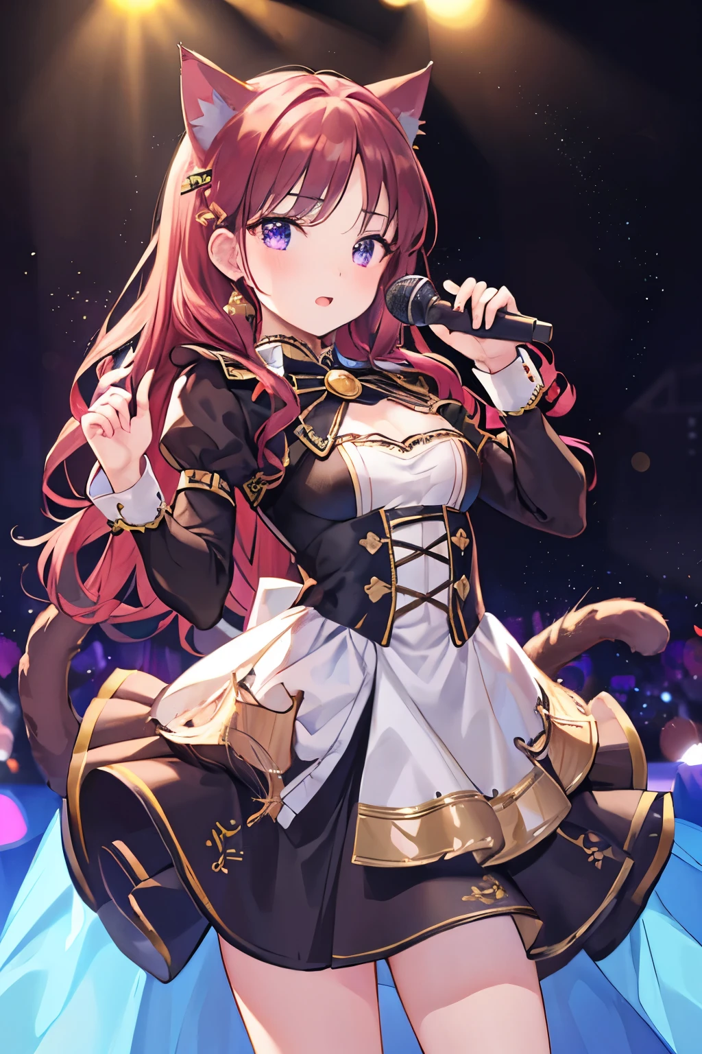 Masterpiece, 4k, Bokeh, beautiful face, (Singer idle:1.6), (Idle costume:1.4), (Cat ears:1.3),