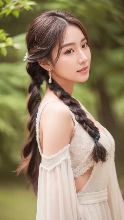 Photo shoot by a professional photographer、Half-body portrait of a Korean woman with braided hair, Beautiful and captivating to everyone's eyes, Under the eyes, Night Photo, Wear a tank top, Decorate your hair with flowers, UHD, masterpiece, anatomically correct, textured skin, high details, best quality, 8k