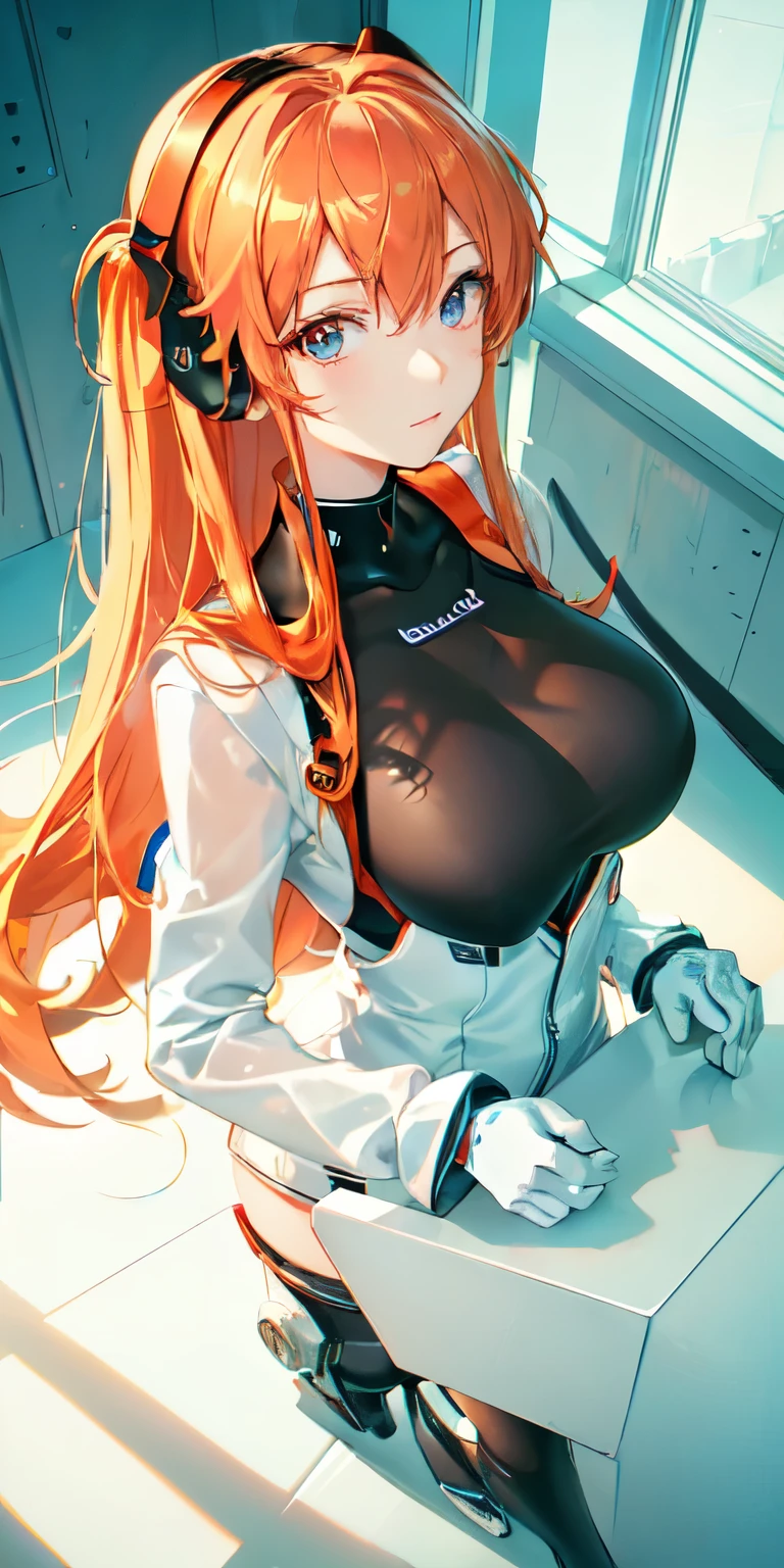 (Overhead view),dynamic angle,ultra-detailed, illustration, close-up, straight on, 1girl, 
 ((souryuu asuka langley, interface headset, red bodysuit:1.4, blonde)),Her eyes shone like dreamy stars,(glowing eyes:1.233),(beautiful and detailed eyes:1.1),(expressionless,closed mouth),(standing), 
(mechanic room with toolsand spaceship windowin a white SPACESHIP),
(night:1.2),dreamy, [[delicate fingers and hands:0.55]::0.85],(detail fingers),