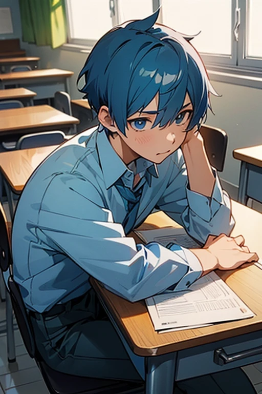 Male student, short blue haired man, classroom, study desk, anime