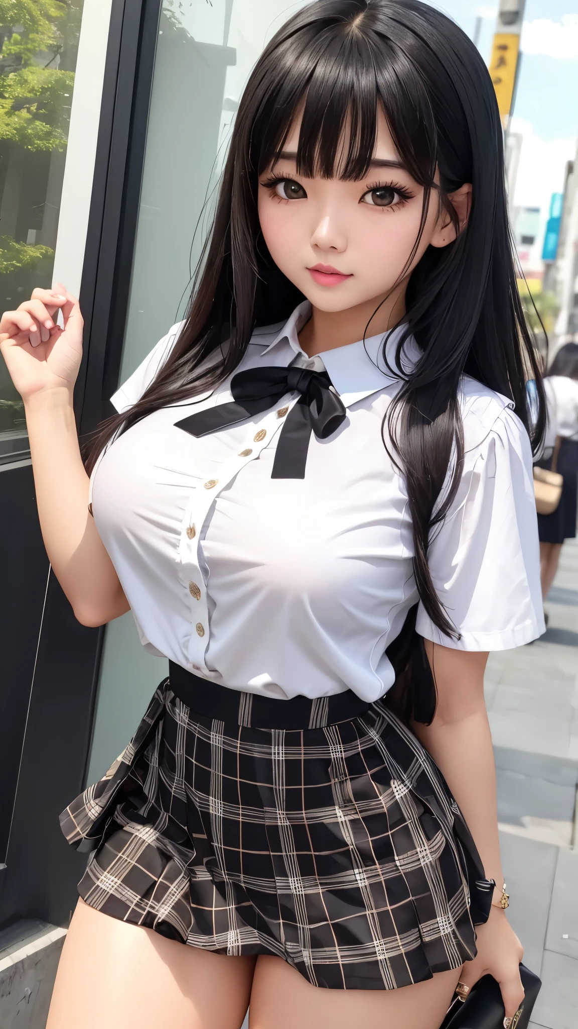 Detailed face、highlight、Asian Girl、thigh、breast enhancement、Black Hair、Heavy bangs、Checkered Skirt、White blouse、