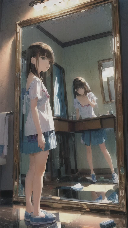 Anime girl looking at herself in the bathroom mirror, Anime Style 4k, by Yuumei, 4K Manga Wallpapers, 4k anime wallpaper, Stand in front of a mirror, Realistic Anime 3D Style, Anime Art Wallpapers 8K, Staring at yourself, anime art wallpaper 4k, anime art wallpaper 4k, Ultra HD Anime Wallpaper