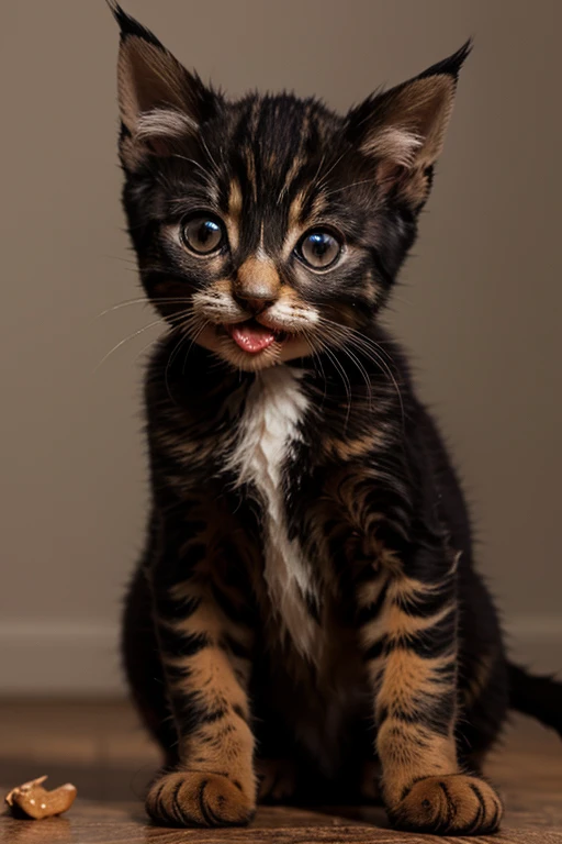 A cute bengali kitten licking its paw with a dark back ground high definition Epic realistic
