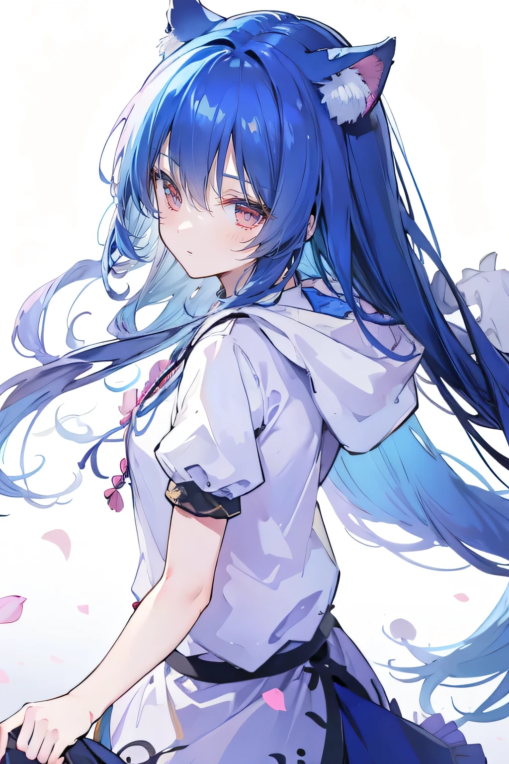 a beautiful detailed girl with expressive eyes, fair skin, and a perfect face shape, 1 girl, with gorgeous flowing blue hair, cat ears, and flowing clothes, petals falling around her, with a gentle and peaceful background showing a cool and comfortable pavilion, with a snowy winter scene and a beach in the background, the girl is smiling, wearing a hoodie, and looking back over her shoulder with a gentle smile, (best quality,4k,8k,highres,masterpiece:1.2),ultra-detailed,(realistic,photorealistic,photo-realistic:1.37),anime,digital art,concept art,cinematic lighting,dramatic lighting,muted colors,soft focus