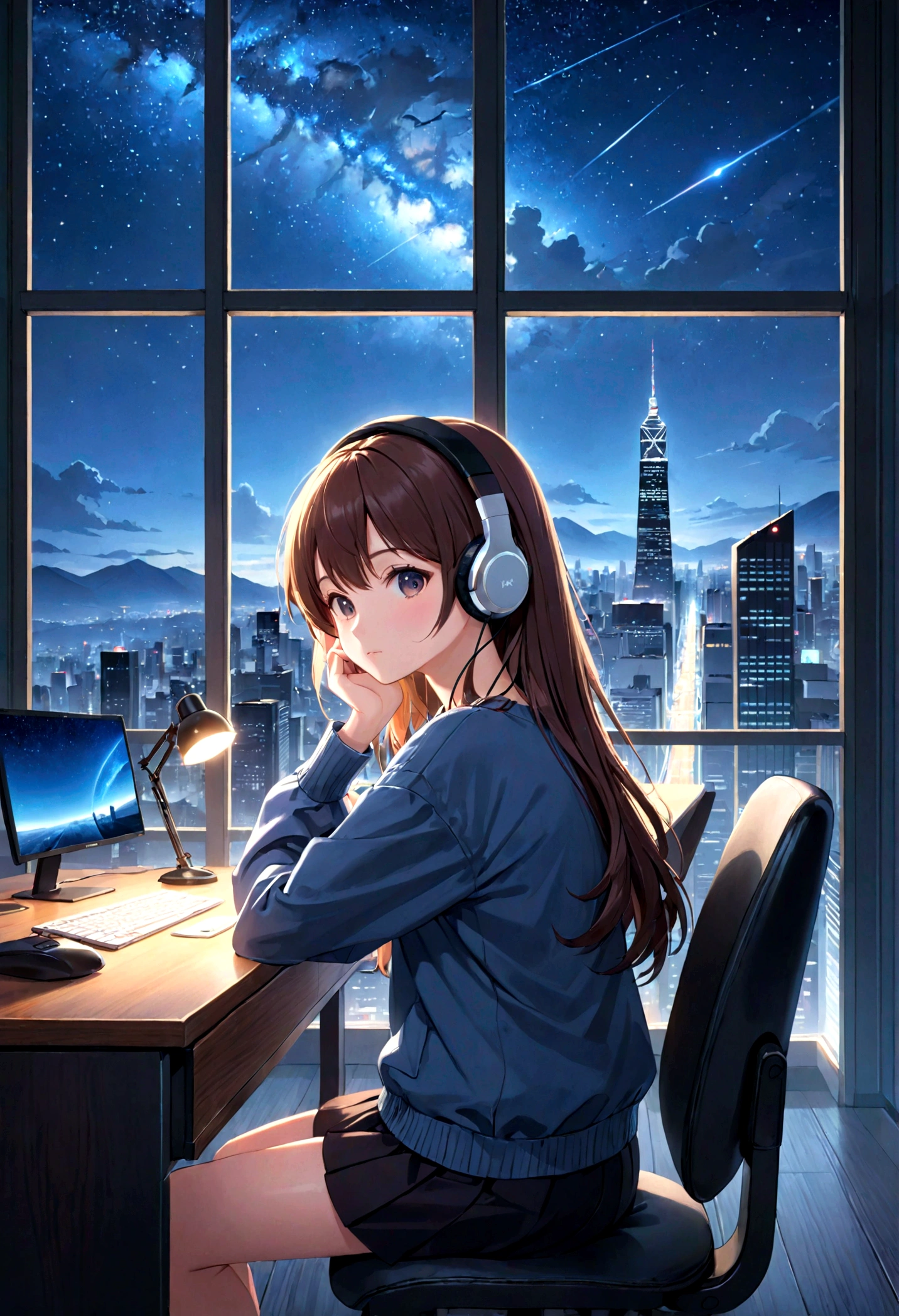 (8K,highest quality, Ultra-high resolution:1.5, masterpiece:1.3),Anime girl sitting at a desk with headphones and computer on, Anime Style8k, anime art wallpaper 8k, anime art wallpaper 4k, Lo-fi Girl, Anime Art Wallpapers 8K, Anime Wallpaper 8K, anime wallpaper 4k, Portrait of Rofi, 4k anime wallpaper, Nightcore, Anime atmosphere, Anime Style. 8k, Anime Aesthetics,The window has a night view,Expressing the city night view and starry sky,Image for relaxing Lo-Fi music with a city night view in the background,You can see the silhouette of buildings and the starry sky.,Expressing a calm night atmosphere