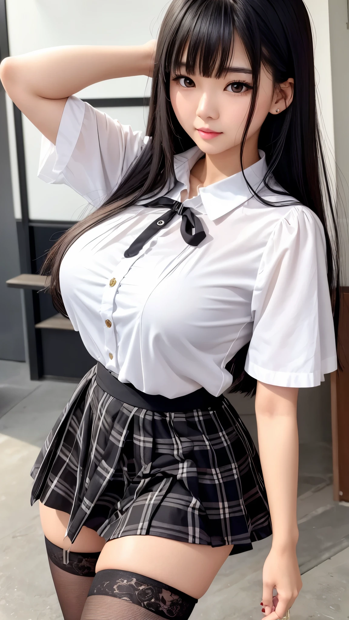 Detailed face、highlight、Asian Girl、thigh、breast enhancement、Black Hair、Heavy bangs、Checkered Skirt、White blouse、