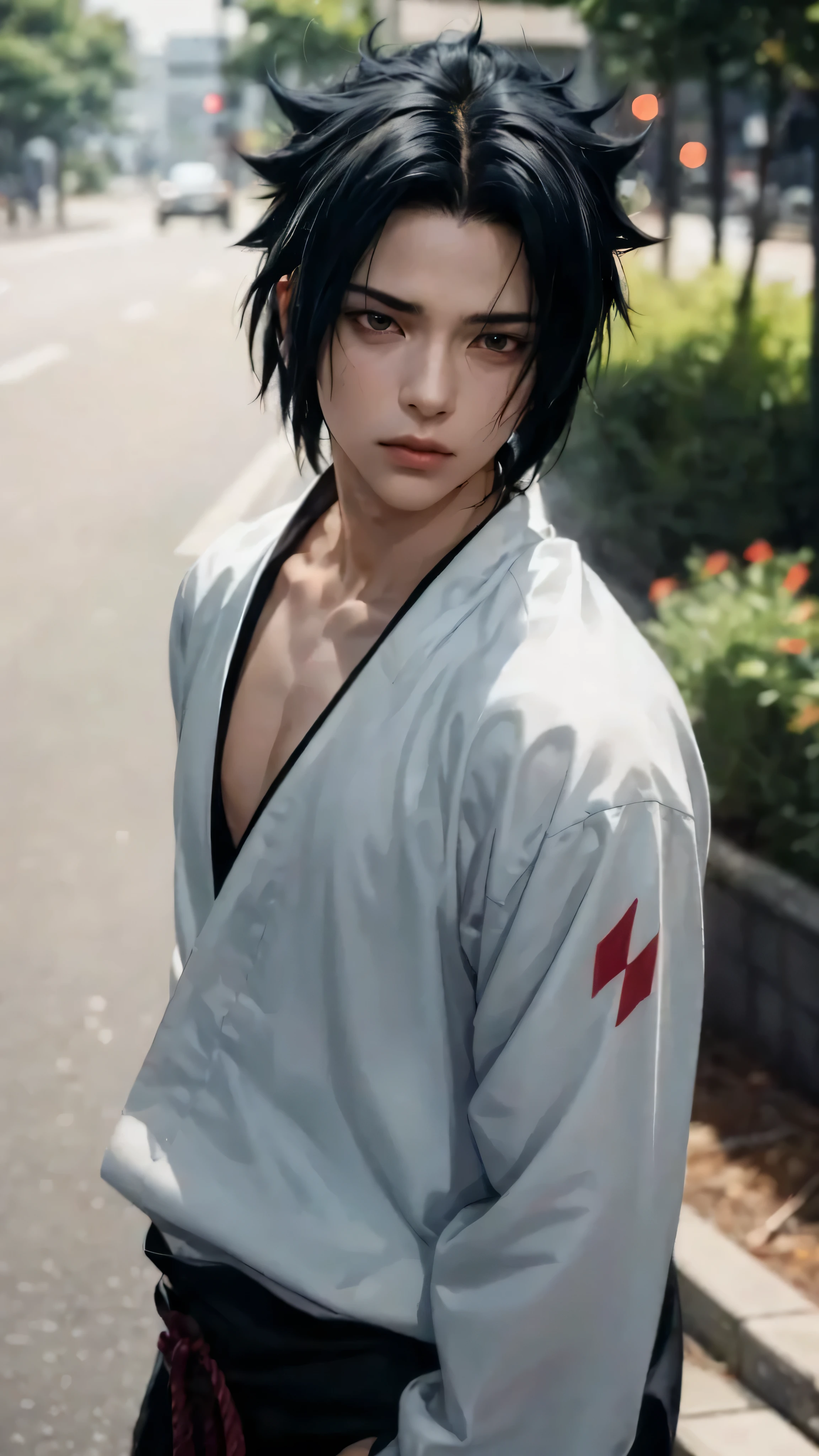 1boy, uchiha sasuke, sharingan eyes, black hair, bright eyes, cool pose, urban streetwear clothes, indoor, upper body, (best quality,4k,8k,highres,masterpiece:1.2),ultra-detailed,(realistic,photorealistic,photo-realistic:1.37),hyperrealistic, detailed facial features, sharp focus, studio lighting, vivid colors, cinematic lighting, dramatic lighting