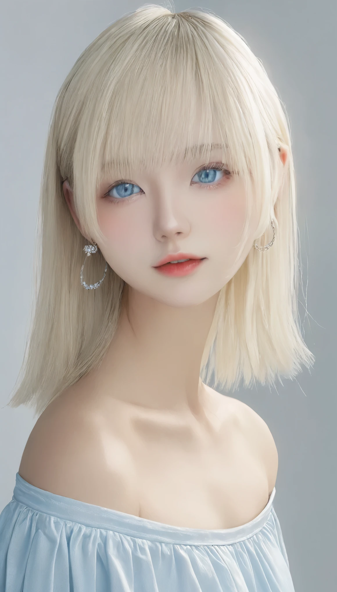 ((SFW: 1.4)), (( Detailed face, Cute Face, Detailed face,  Professional photography)), ((From the side)), (( Off-the-shoulder tops)), (( Shiny platinum blonde silk hair, beautiful shiny bangs, Big clear sky blue eyes, Very beautiful bright eye highlights, Earrings, 1 girl)), Ultra-high resolution, (Realistic: 1.4), RAW Photos, highest quality, (PhotoRealistic Stick), concentrated, Soft Light, (()), (( (Young Face))), (surface), (Depth of written boundary), masterpiece, (Realistic), woman, bangs, ((1 girl))