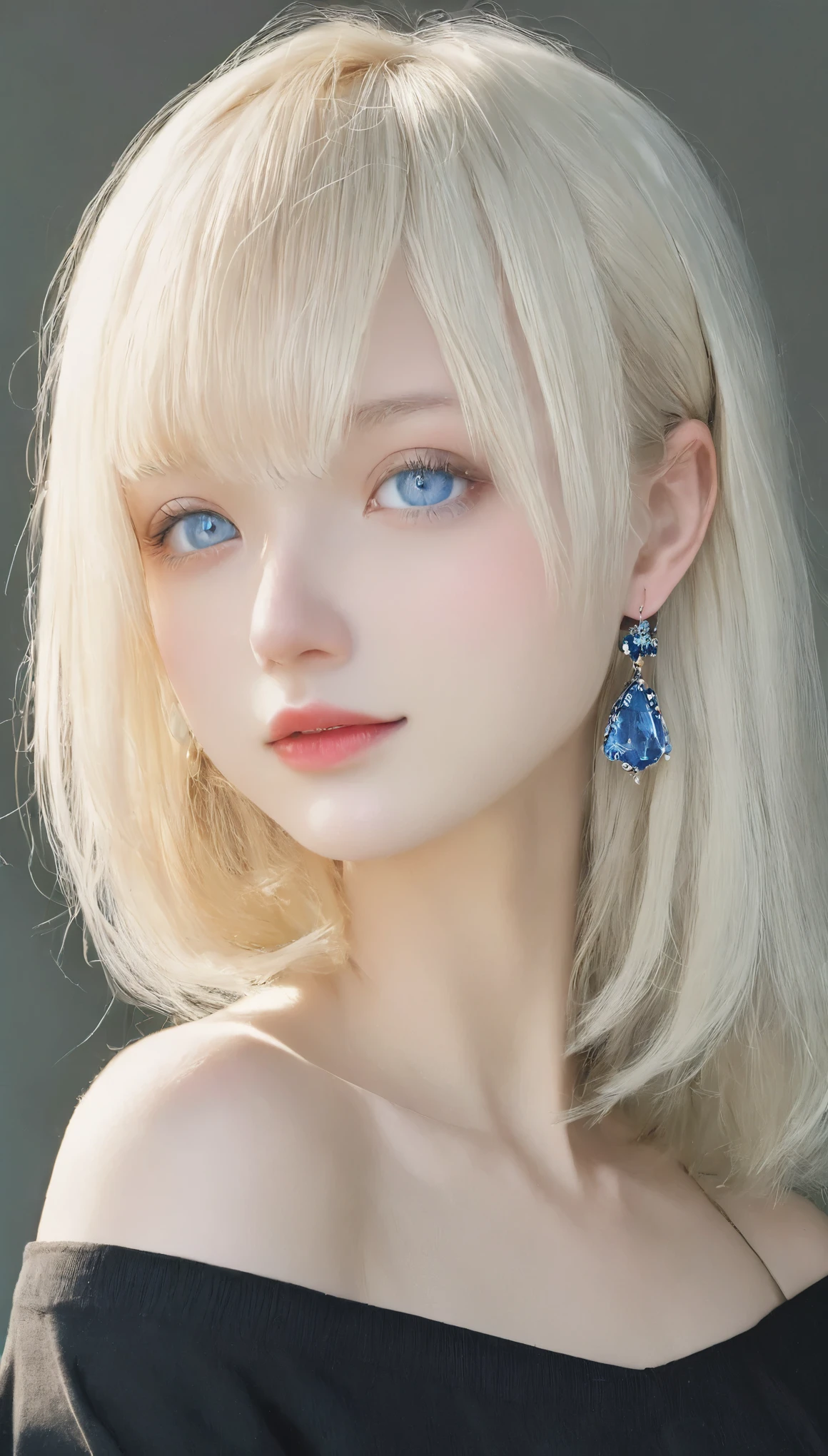 ((SFW: 1.4)), (( Detailed face, Cute Face, Detailed face,  Professional photography)), ((From the side)), (( Off-the-shoulder tops)), (( Shiny platinum blonde silk hair, beautiful shiny bangs, Big clear sky blue eyes, Very beautiful bright eye highlights, Earrings, 1 girl)), Ultra-high resolution, (Realistic: 1.4), RAW Photos, highest quality, (PhotoRealistic Stick), concentrated, Soft Light, ((15 years old)), (( (Young Face))), (surface), (Depth of written boundary), masterpiece, (Realistic), woman, bangs, ((1 girl))