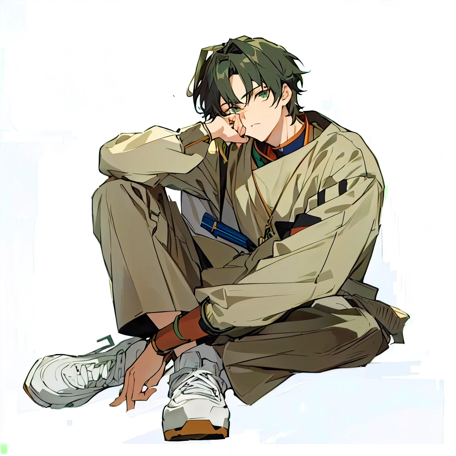 Anime boy sitting with his arms crossed on the ground, Hands on your face,anime image, Cool anime poses,, male Anime Characters, as an Anime Characters, He's wearing a sweatshirt, Young anime man, Anime Characters, Handsome anime boy,Japanese style