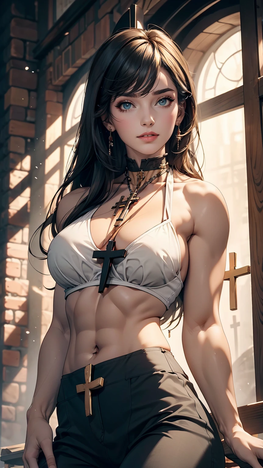24 year old Caucasian female、long hair、Sheer cross halter neck((cross halter neck))Wear tops、I can see my belly button、Toned Abs、Narrow waist、Wear low rise leggings、Big Breasts、Cross one's arms、My chest is on my arms、Wear stiletto heels、smile、