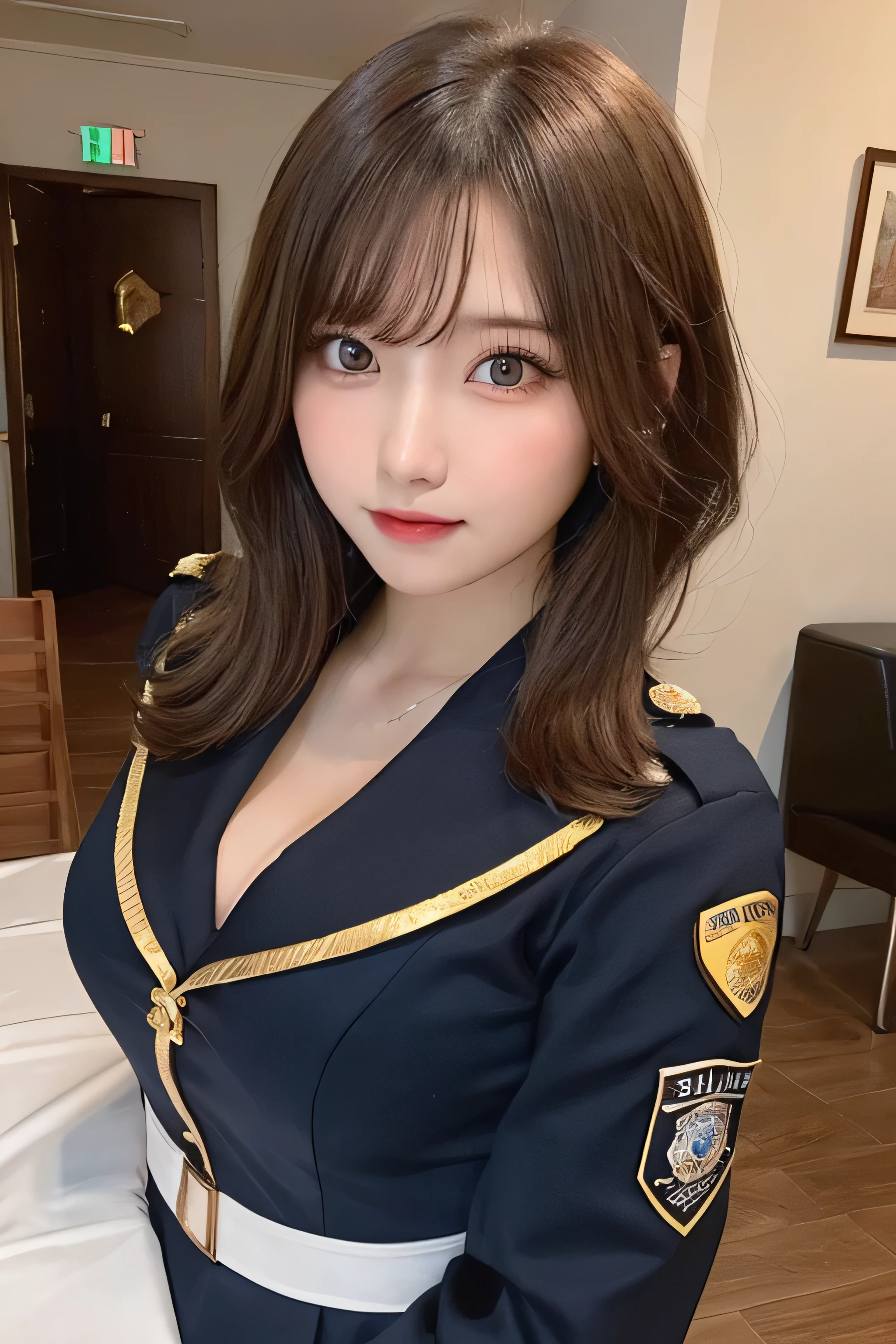 Tabletop, highest quality, One Girl, (beautiful girl:1.3), (18-year-old:1.3), Very good eye clarity, (Symmetrical eyes:1.3), (Police Costume:1.2), Beautiful breasts,Big Breasts,Big Breasts,Visible cracks, Brown eyes, Parted bangs, Brown Hair,Police uniform revealing cleavage,erotic,The finer details