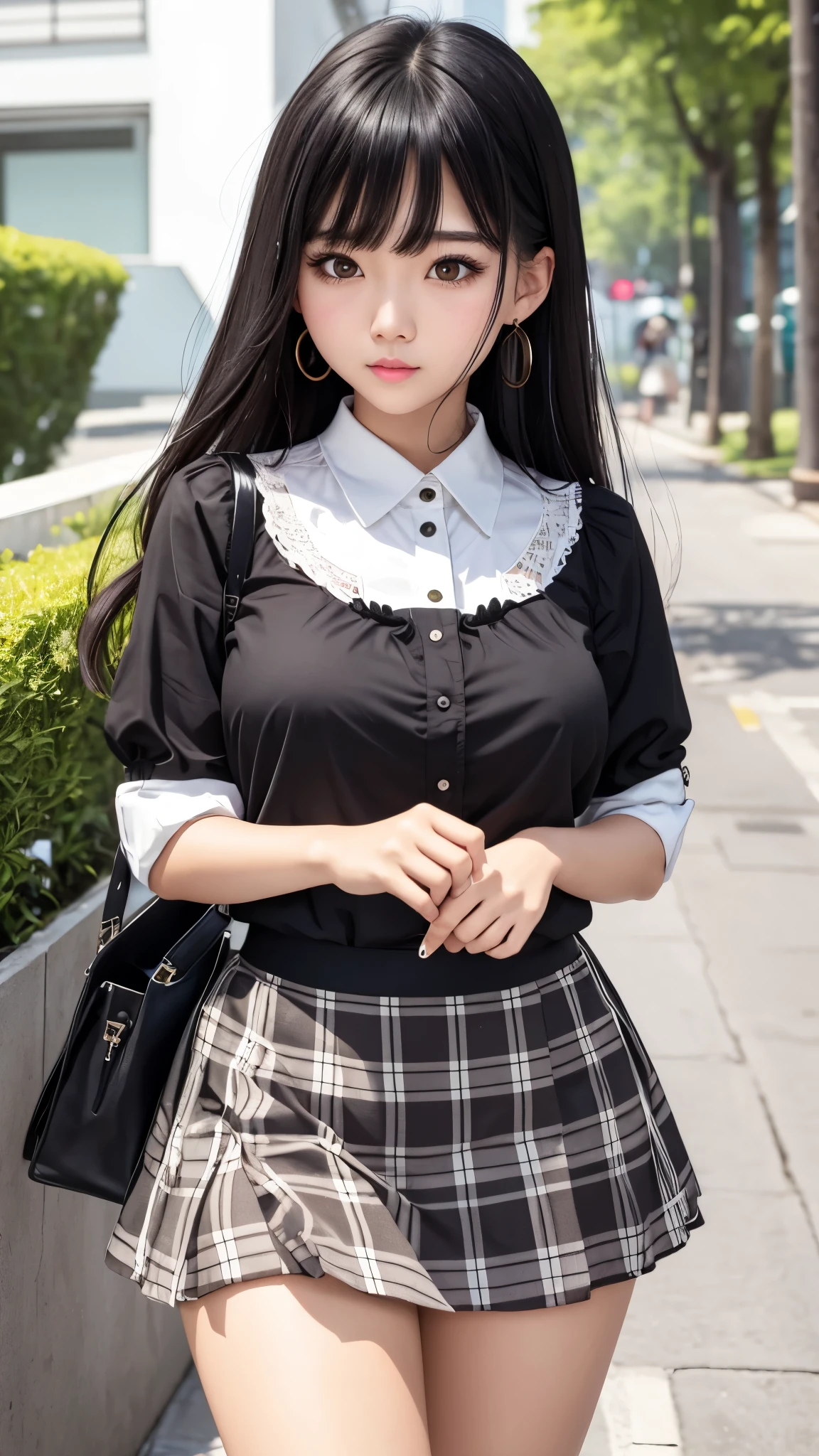 Detailed face、highlight、Asian Girl、thigh、breast enhancement、Black Hair、Heavy bangs、Checkered Skirt、White blouse、
