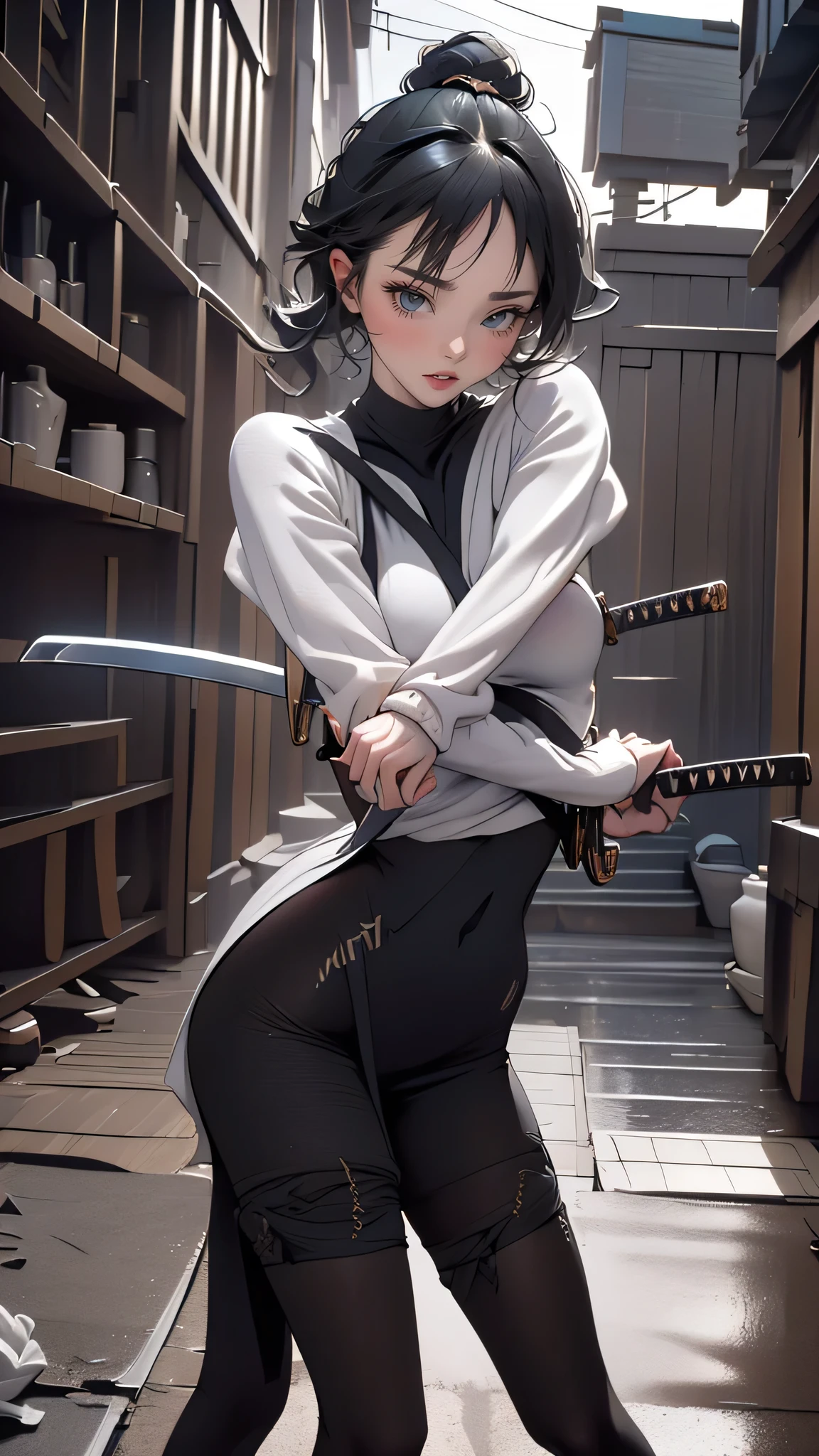 (bold battoujutsu stance:1.2),sweater,pantyhose,(Thin type:1.8),(big breasts),(random hairstyle),(Highest image quality,(8k),ultra-realistic,best quality, high quality, high definition, high quality texture,high detail,beautiful detailed,fine detailed,extremely detailed cg,detailed texture,a realistic representation of the face,masterpiece,Sense of presence)