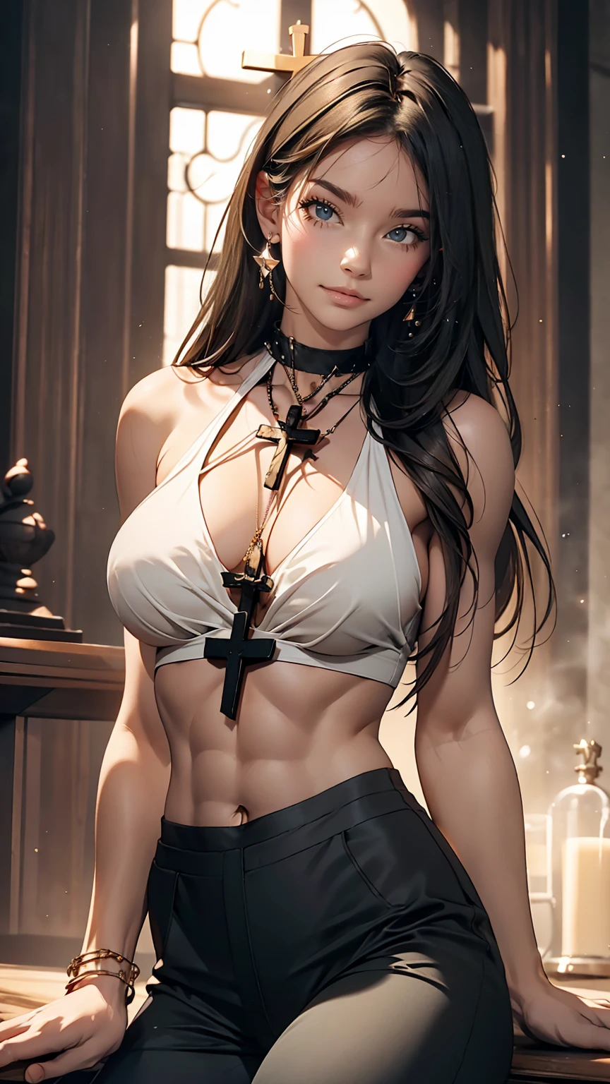 24 year old Caucasian female、long hair、Sheer cross halter neck((cross halter neck))Wear tops、I can see my belly button、Toned Abs、Narrow waist、Wear low rise leggings、Big Breasts、Cross one's army chest is on my arms、Wear stiletto heels、smile、