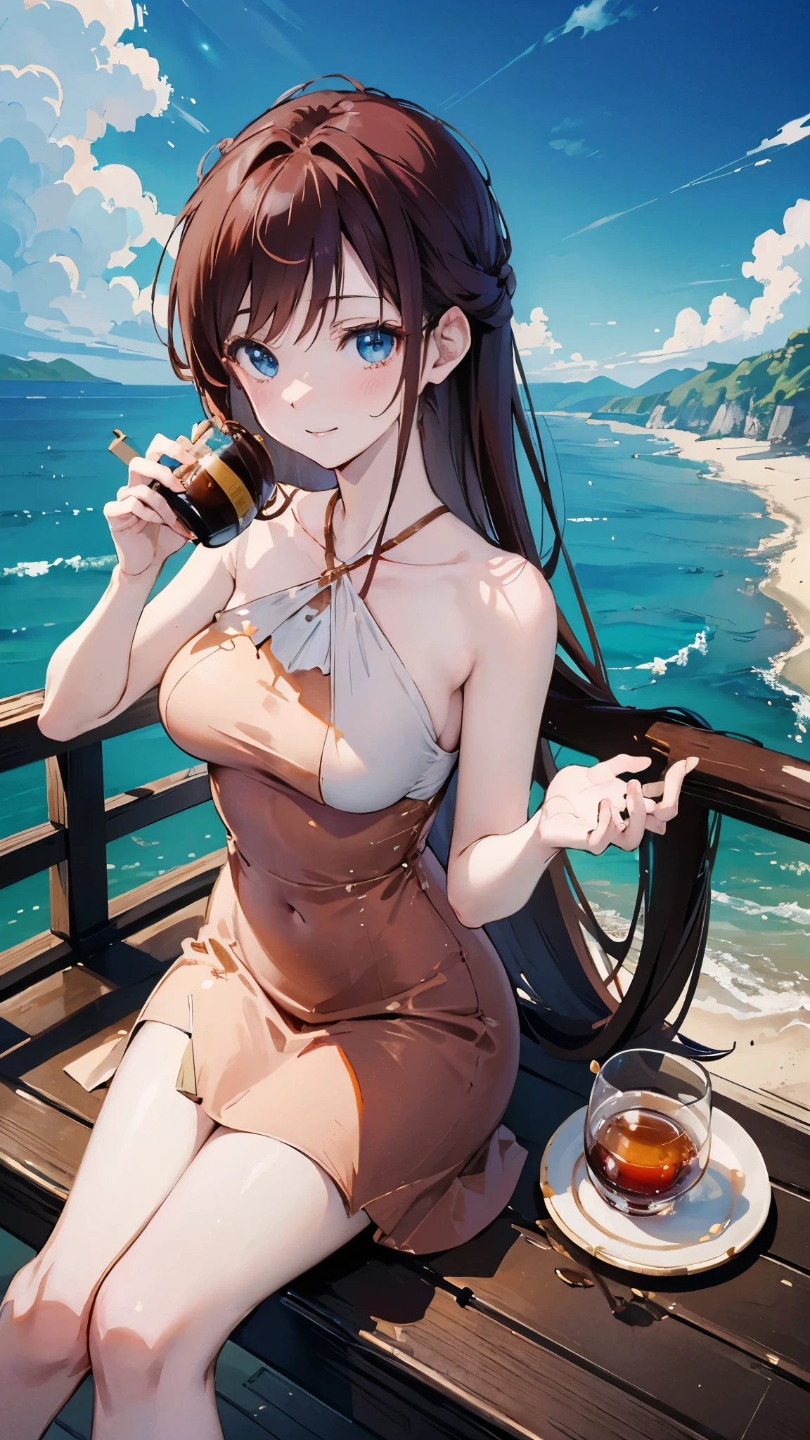 From above,masterpiece,Japanese anime style，Beauty with long reddish brown hair and blue eyes,gentle smile,Drinking delicious Assam black tea at the seaside observation deck, Wearing a cocktail dress，Blue sky and white clouds，The picture presents a gorgeous feeling