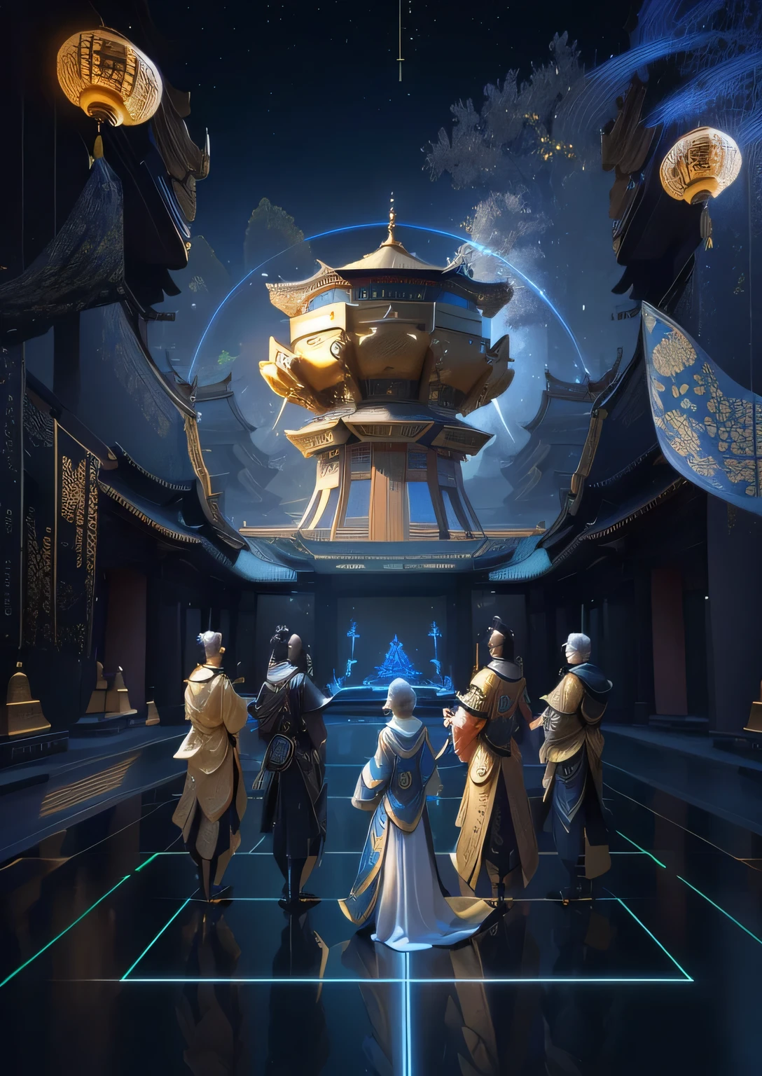 5 people surrounding a golden tripod, Three men and two women, we go deep into the virtual universe, The encrypted metaverse, Computers and holograms, Hologram of the Chinese cultural relic Golden Tripod, Museum Background, virtual metaverse room,Chinese antique elements on both sides are collection cabinets, super detailed SCP cultural relic jars, holographic products, 5 Archaeological Figures, 8k high definition jpeg artifact