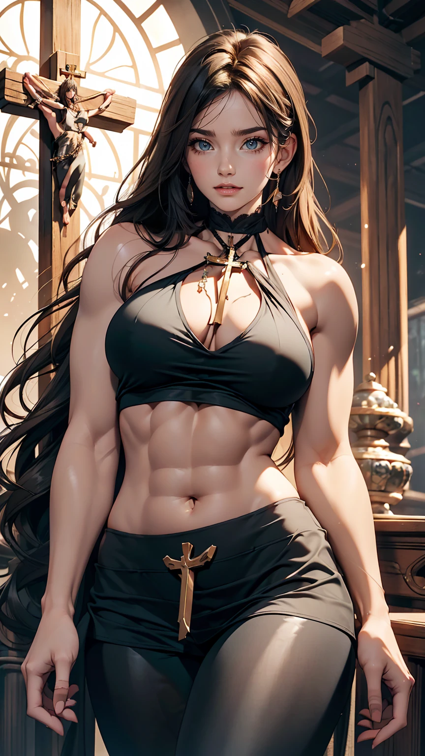 24 year old Caucasian female、long hair、Sheer cross halter neck((cross halter neck))Wear tops、I can see my belly button、Toned Abs、Narrow waist、Wear low rise leggings、Big Breasts、Cross one's arms、My chest is on my arms、Wear stiletto heels、smile、