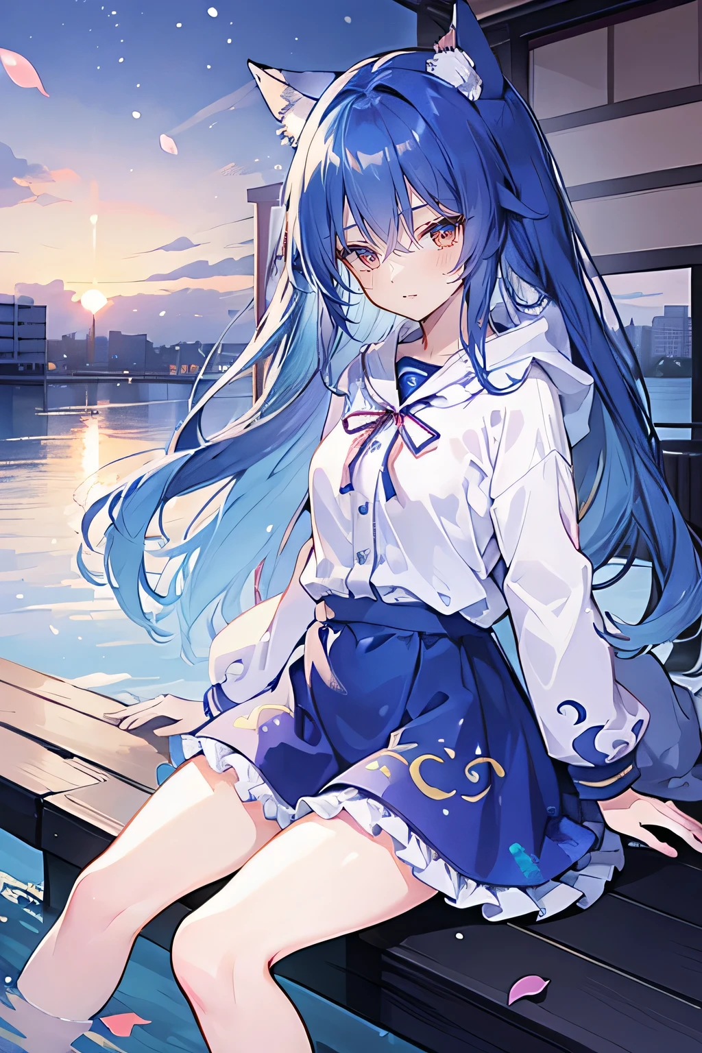 (masterpiece:1.2),Super detailed,lifelike,Expressive eyes,fair skin,perfect face shape,1 girl,
Japanese comics,Gorgeous blue hair,flowing blue hair,flowing clothes,Cat ears,Petals fall,beautiful lola,Baby Angel,sunrise,
Shaking head with one hand,Cross your legs,Gentle and peaceful background,The pavilion is cool and comfortable,smile, wearing hoodie, background of tokyo,back views,snowing, winter,seaside,wet clothes,A smile,A faint smile,。