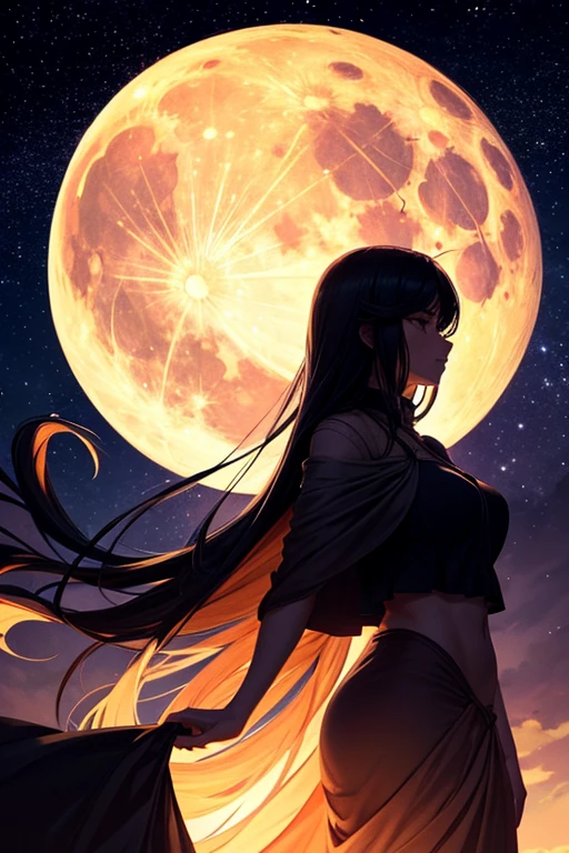 highest quality,Big moon and shadow,A silhouette of a person can be seen against the backdrop of a large moon.,There is one full moon,There is a mood,Beautiful scenery,Starry Sky