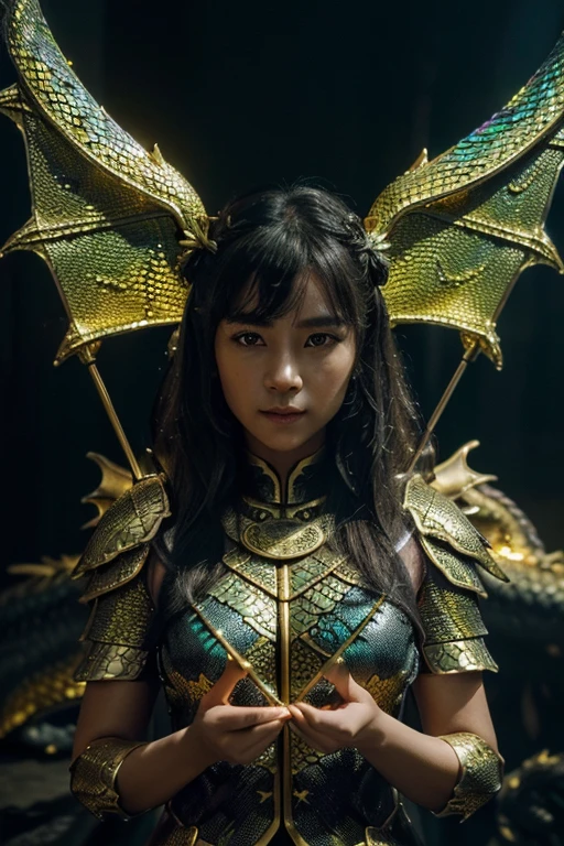 Image quality: ((Dark photo:1.1)), ((masterpiece:1.2)), ((Highest quality)), ((not NSFW)), ((8K CG HD)), ((sharp and contrasting:1.1)), ((Super nice graphics)), ((professional)), ((Color details)), ((colourful)), ((ultrafine)), ((advanced techniques)), ((RAW thật)),((Perfect texture)), ((Perfectly proportioned structure)), ((perfect photo)), ((super sophisticated)), ((Bright face)),((break the immersive perspective));
light: ((color complex)), ((yellow-black rays));
light mặt trời: ((twinkle)), ((illuminate the girl's body));
Girls wear (golden armor), ((dragon scales)) splendid decoration; Hand holding an ancient spear, big and long, mystical, conquer the ocean;