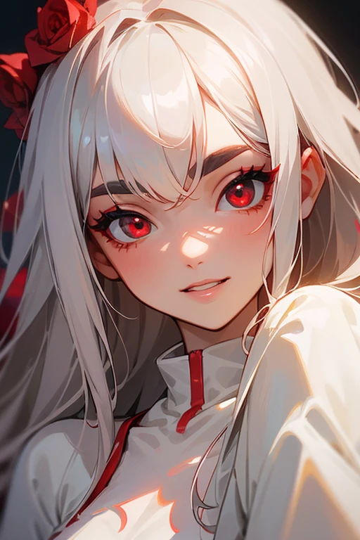 (highest quality, masterpiece:1.2), High resolution, 最高masterpiece、Very detailed, Realistic:1.37, Fantasy, An illustration,Gray Hair、 Red eyes、Queen, White and red swimsuit、beautifully、Eyeshadow Red、Thick eyebrows、Long eyelashes、pupils are black、shiny on the lips、Top Sites、Queen、Princess、A kind smile、Show your teeth a little and smile、Soft impression、people々々々々々々々々Loved by、Slimming the face、Kissing Face、Long white hair、Shaggy Bangs、Save face image、Long straight line、Many roses in the background、White and red bikini、